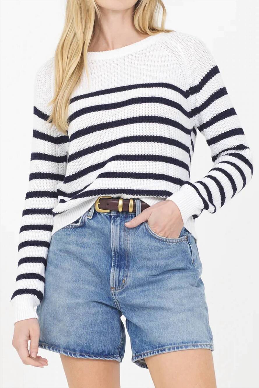 NEW ONE GREY DAY raleigh crewneck pullover in white combo navy stripe